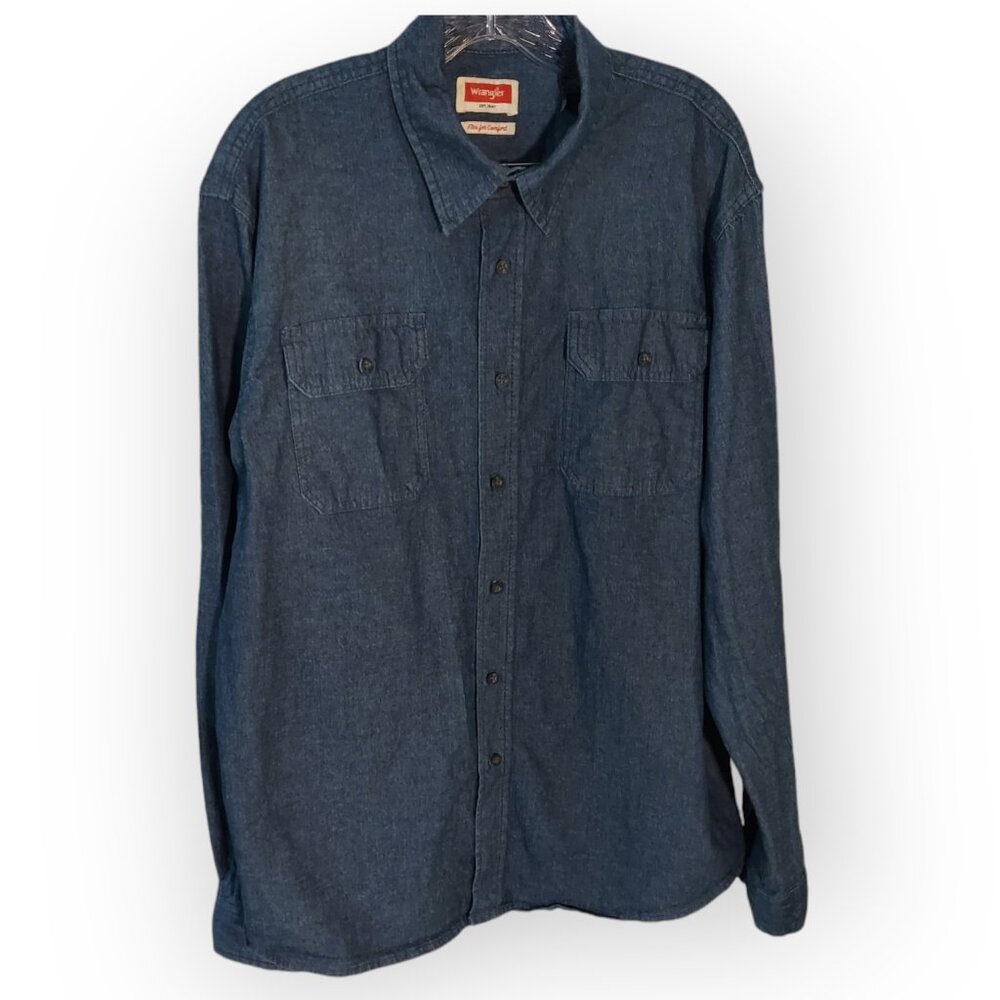Wrangler Denim Shirt Mens Blue Long Sleeve Flex For Comfort Stretch Button Large